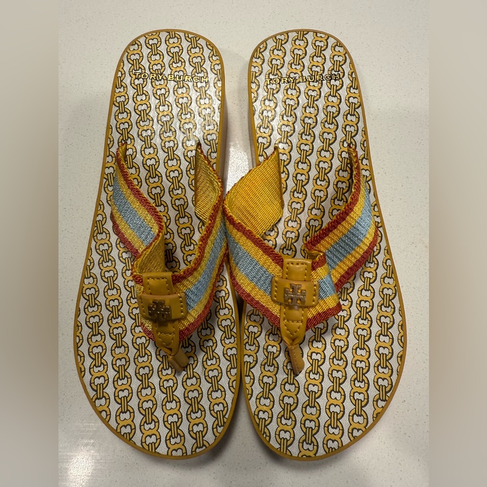 Tory Burch Yellow and Red Chain Flip Flops